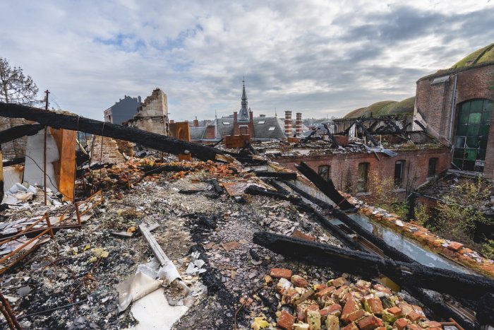 Parts of a building lie in ruins following an earthquake.