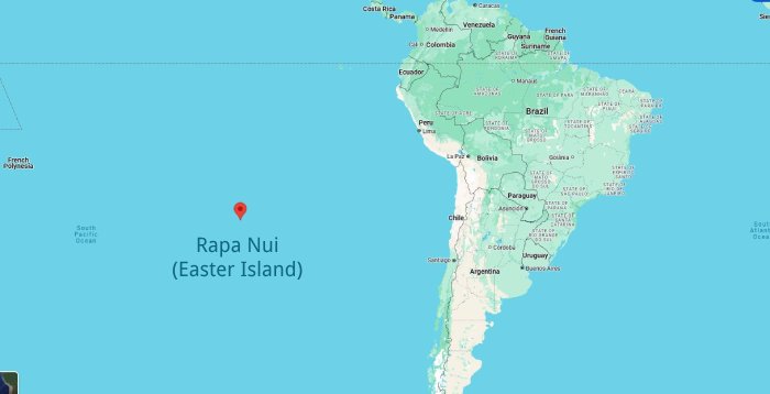 A Google Maps screenshot showing the distance between South America and Easter Island.