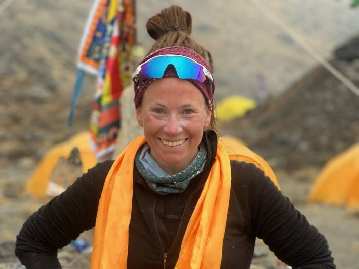 Mountaineer Kristin Harila smiles at Annapurna base camp.