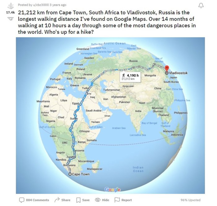 Un mapa de la ruta peatonal más larga del mundo.