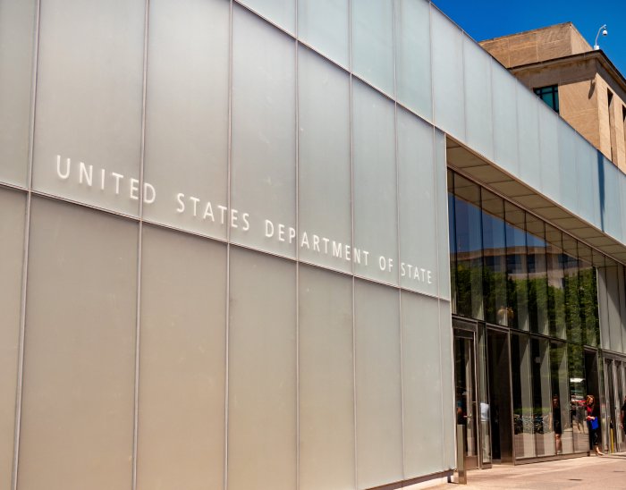 The exterior sign on the building of the United States Department of State.