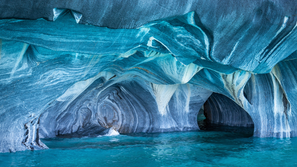 The Marble Caves Spanish Cuevas de Marmolaseries of naturally sculpted caves in the General Carrera Lake in Chile Patagonia South America