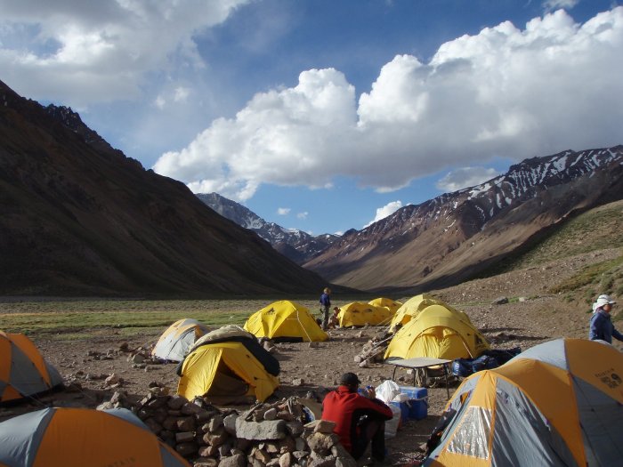 A base camp full of climbers' tents at Aconcagua.