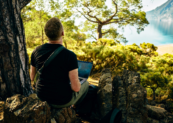 A relaxed man works on his laptop while sitting beneath a tree in the forest near a lake.