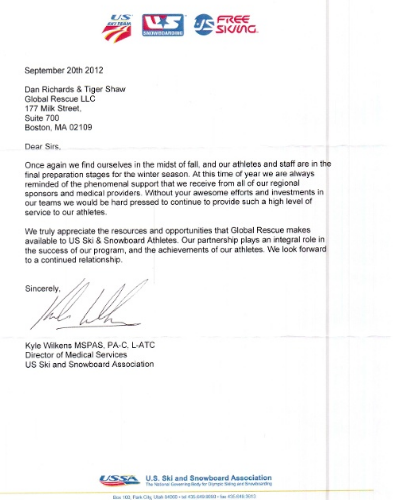 The U.S. Ski and Snowboard Association writes to thank Global Rescue