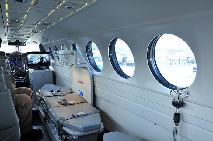 The cabin of an air ambulance.