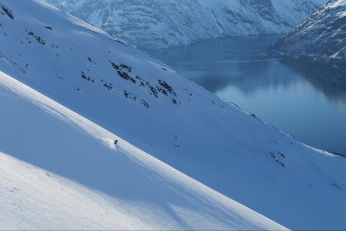 A lone skier, dwarfed by the immensity of a snowy slope, makes a turn.