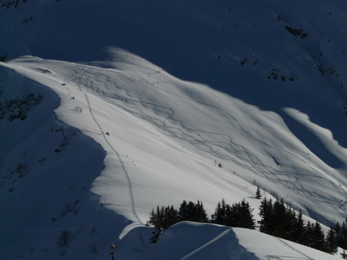 A snowy slope is tracked up by skiers.